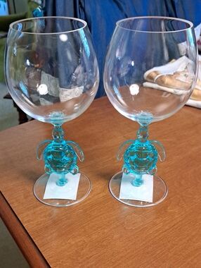 The Spring Shop Turquoise Turtle Stem Wine Glasses - Pair Plastic
